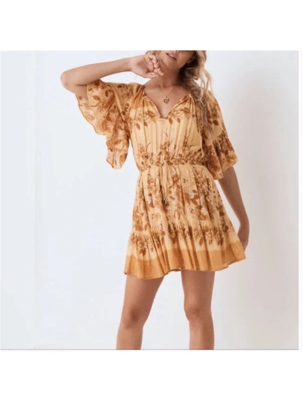 Spell & The Gypsy Ophelia Mini Dress Mustard Floral Metallic Stripe Size M - Picture 4 of 10